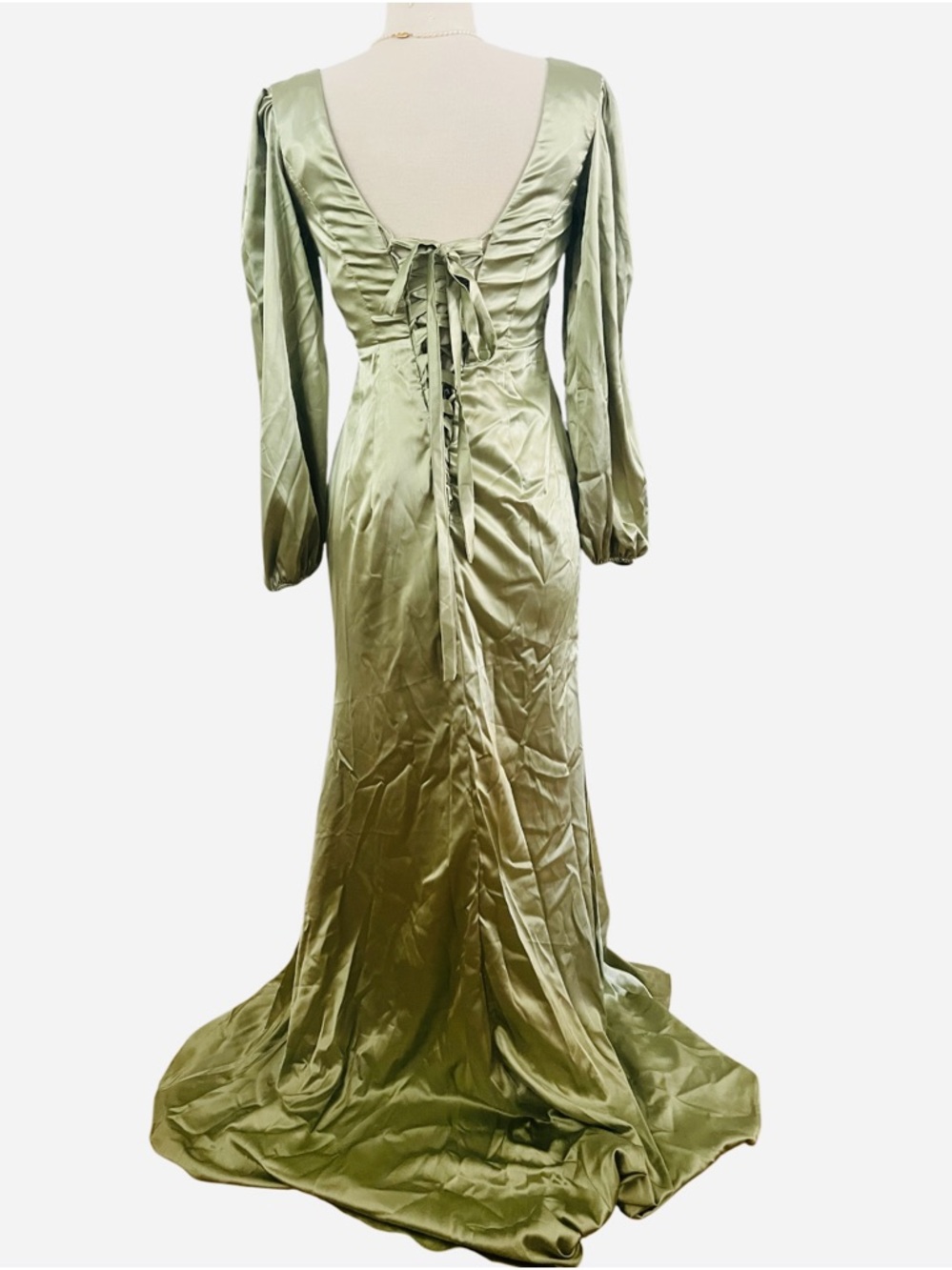 NWT- SATIN SAGE GREEN Long Sleeve Wrap Maxi Dress - Picture 6 of 6